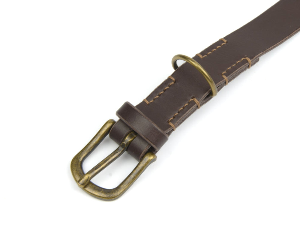 Braunes Lederhalsband Waldgeist mit goldfarbener Schnalle und Halbring, perfekt für stilvolle Hundeaccessoires.