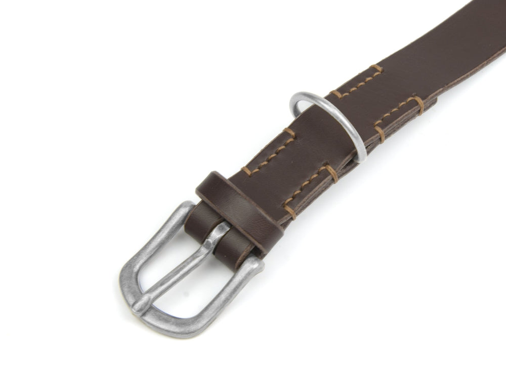 Brauner Lederhalsband "Waldgeist" mit klobiger silberner Metallschnalle und Kontrastnaht, ideal für stilvolle Haustiere.