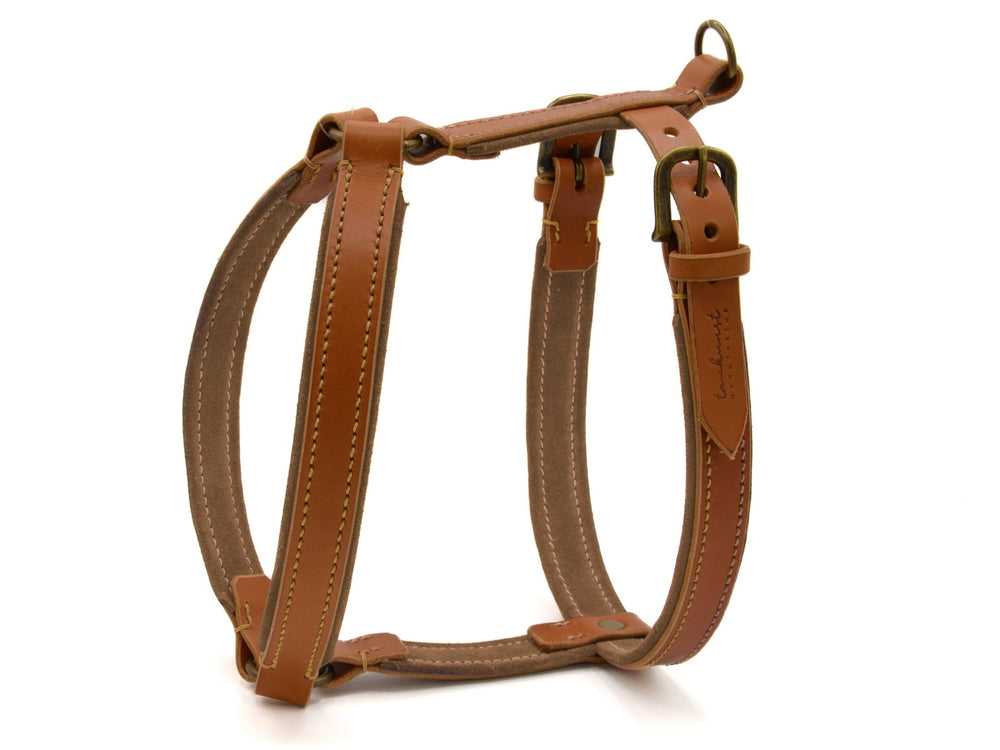 Braunes Hundegeschirr aus Leder mit stabilen Nähten und verstellbaren Schnallen, ideal für aktive Hunde.