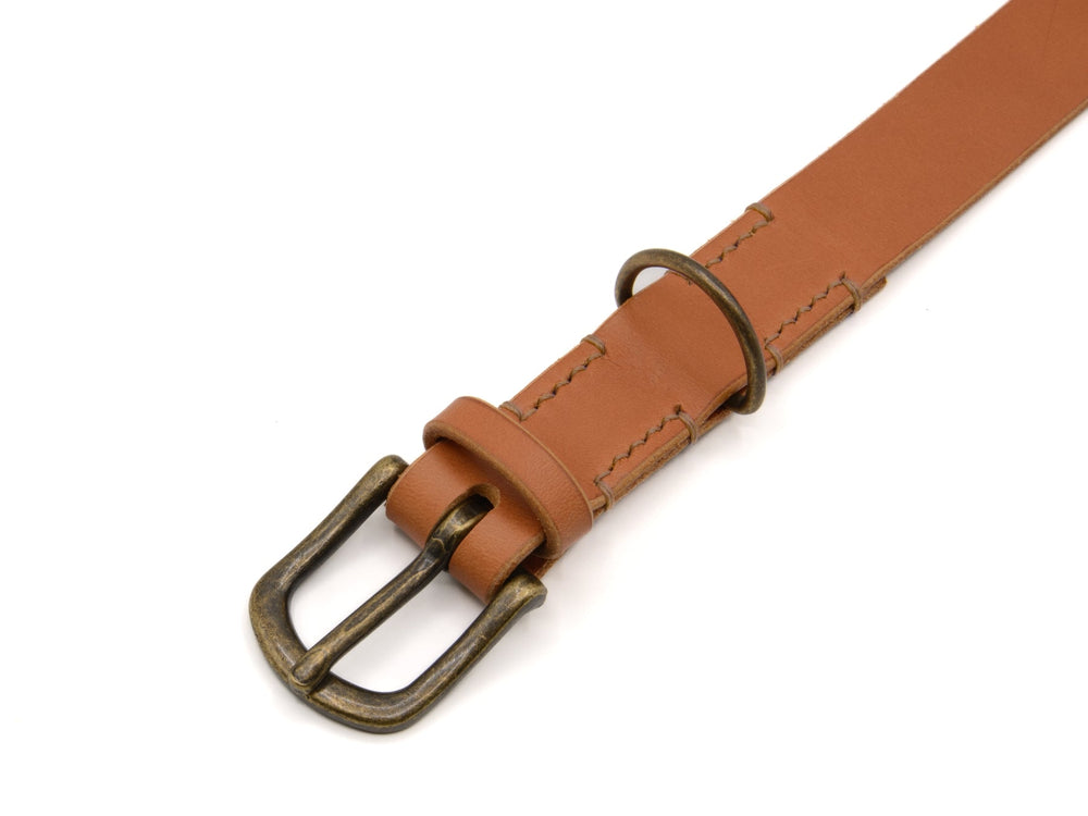 Brauner Ledergürtel mit eleganter bronzefarbener Schnalle und D-Ring, schlichtes Design für stilvolle Akzente.