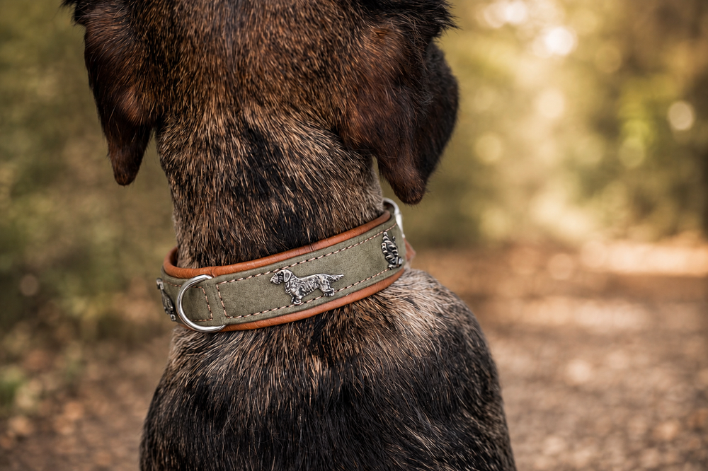 Hinterkopf eines Dackels mit braunem Halsband und grünen Details, geschmückt mit silbernen Hund-Anhängern.