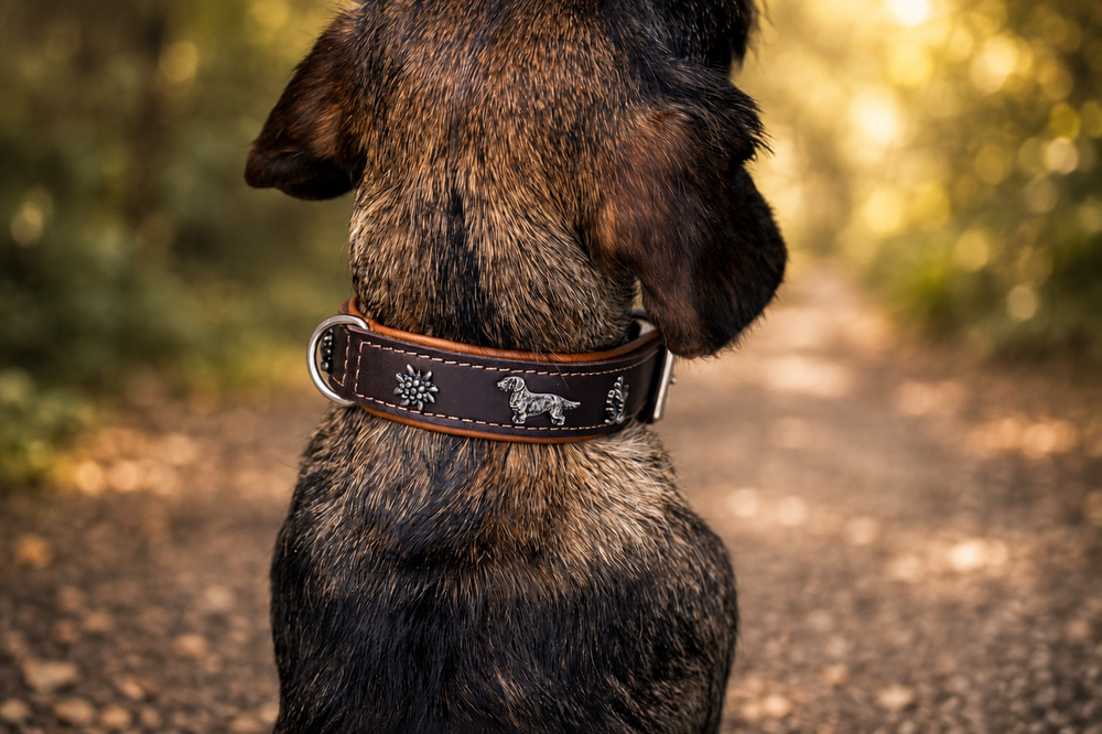 Dackel im Wald mit braunem, detailliert geprägtem Halsband, umgeben von grüner Natur.