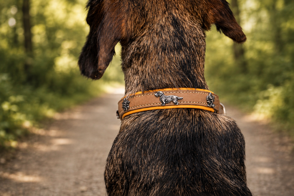 Brauner Lederhalsband mit silbernen Verzierungen am Rücken eines Dackels auf einem ruhigen Waldweg.