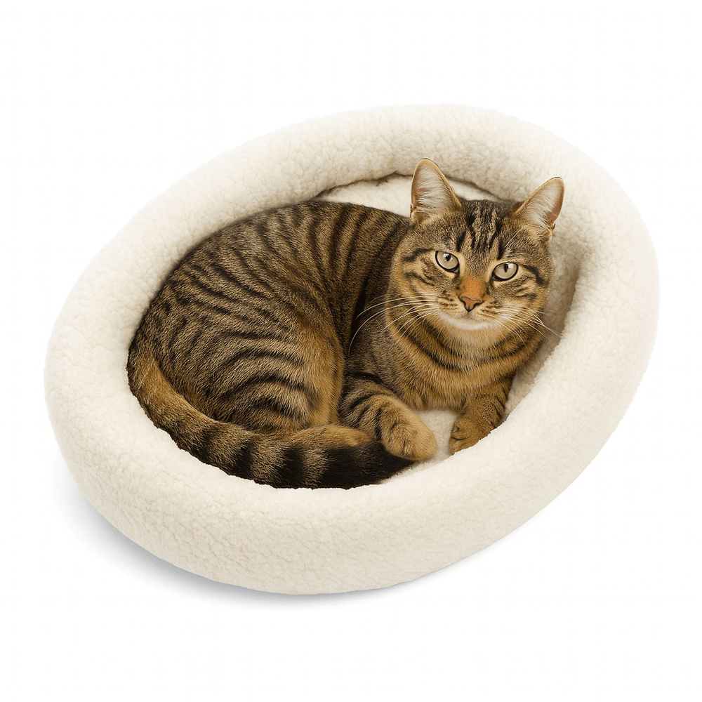 Getigerte Katze entspannt in einem ovalen, weichen Kuschelbett mit flauschiger Oberfläche. Komfort für jeden Katzenliebhaber.