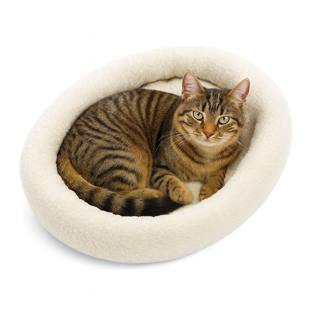 Getigerte Katze entspannt in einem ovalen, weichen Kuschelbett mit flauschiger Oberfläche. Komfort für jeden Katzenliebhaber.