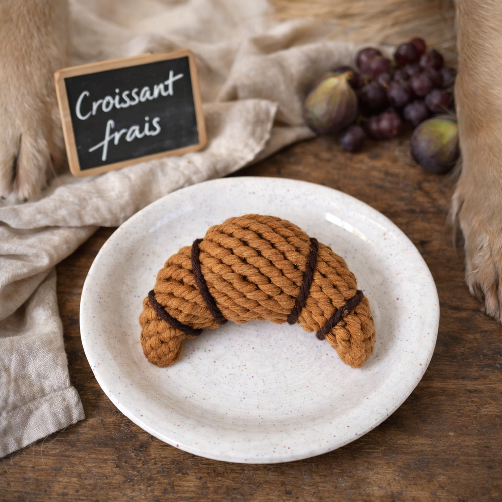 Handgefertigtes Hundespielzeug Croissant aus braunem Material, präsentiert auf weißem Teller mit Trauben.