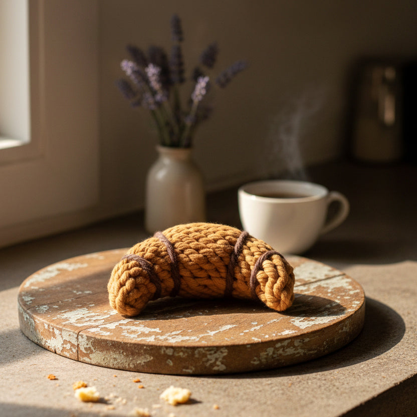 "Flecht-Croissant auf rustikalem Holzbrett mit Kaffee und Lavendel im Hintergrund."