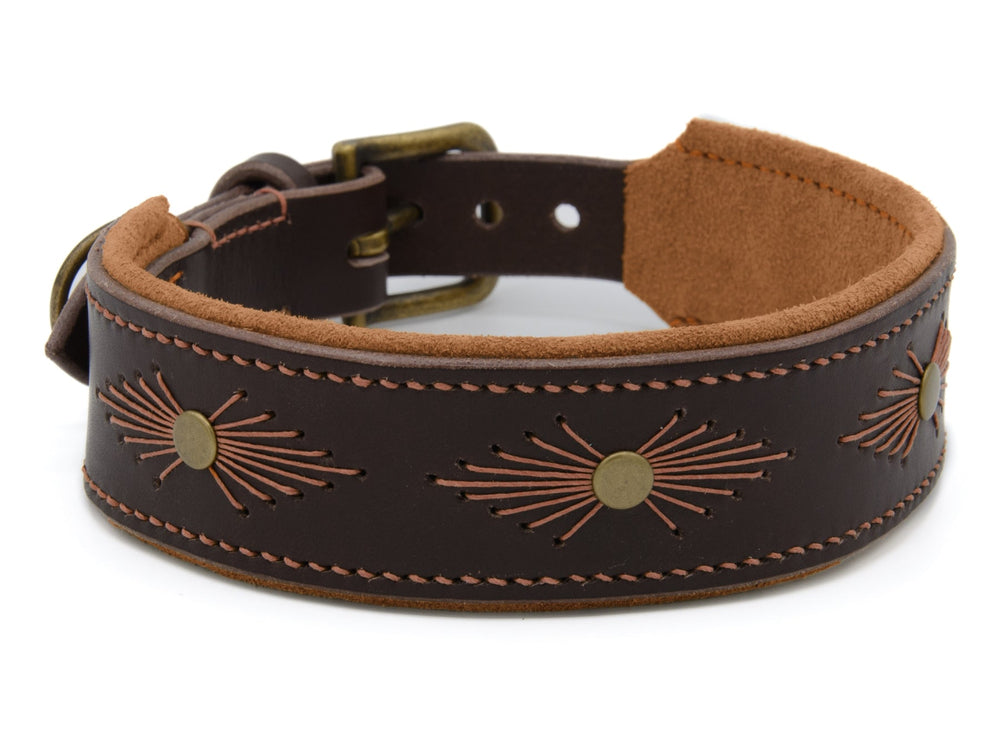 Dunkelbraunes Lederhalsband für Hunde mit weicher Wildlederinnenseite und gesticktem Sonnenstrahlen-Design in Gold.