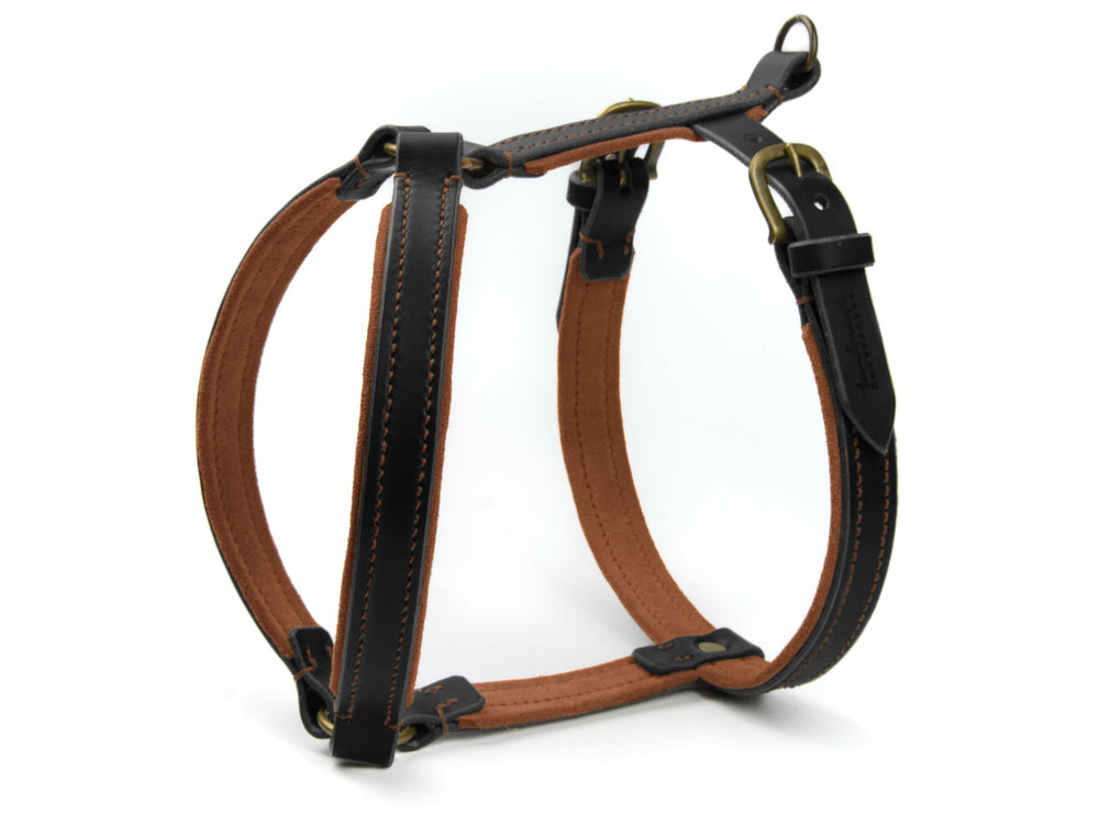 Braunes und schwarzes Lederhundegeschirr WILDFANG mit robusten Schnallen und ergonomischem Design für optimalen Komfort.