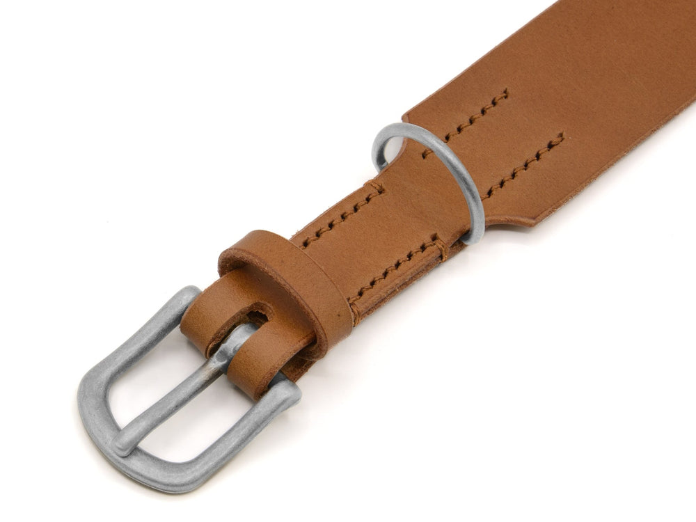 Brauner Lederhalsband Waldgeist mit silberner Schnalle und robuster Verarbeitung für Hunde.