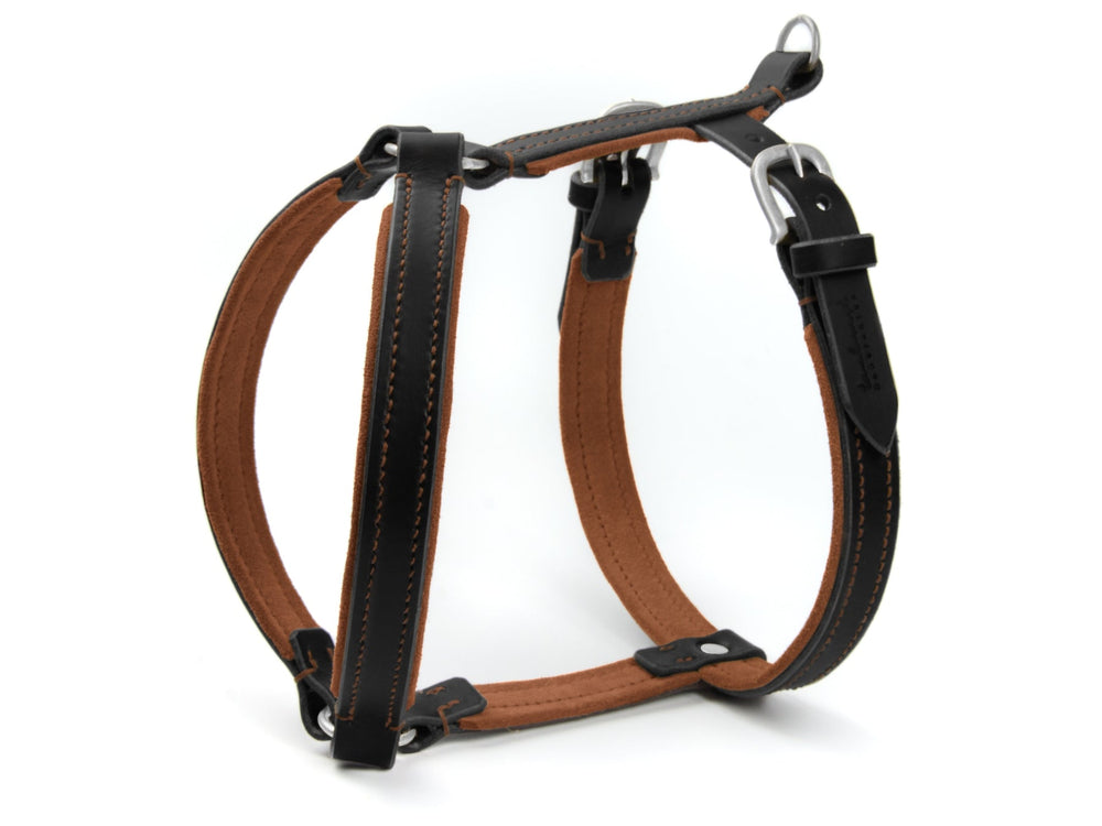 Hundegeschirr WILDFANG aus hochwertigem Leder in Schwarz und Braun, ergonomisch mit verstellbaren Riemen und stabilen Nähten.
