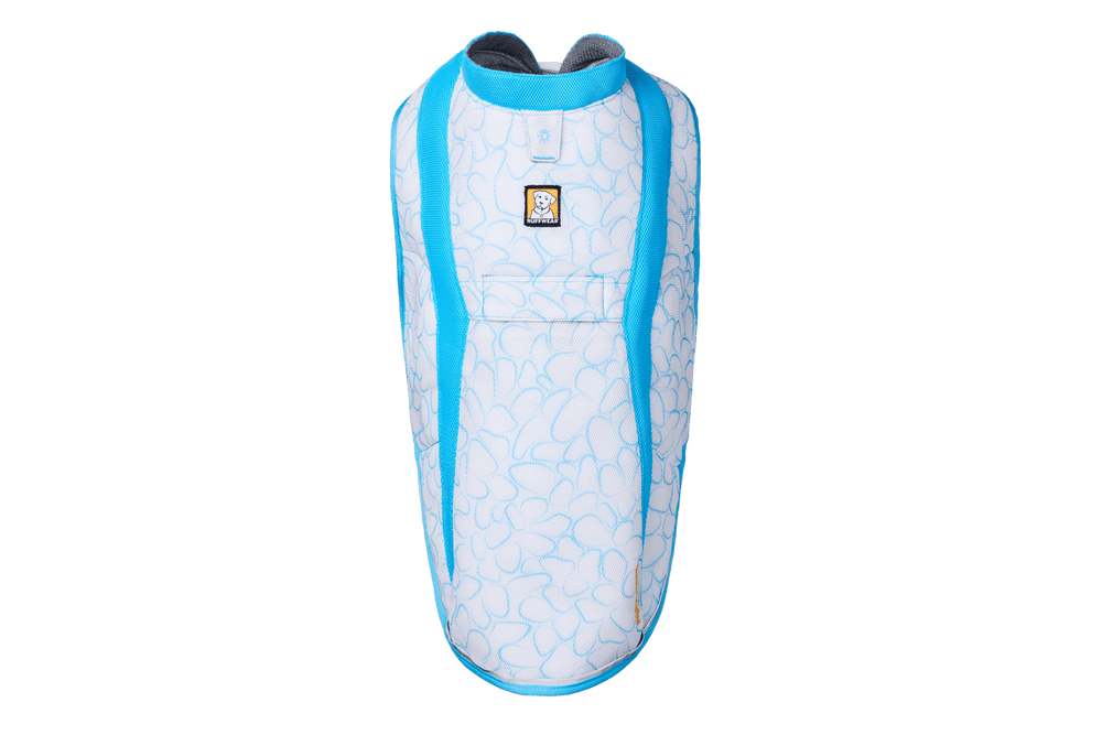 "Swamp Cooler™ kühlende Hundeweste in Hellblau mit floralem Muster und grauem Innenfutter, ideal für heiße Tage."