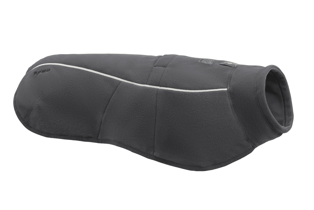 Graue Fleeceweste für Hunde mit elastischem Halsausschnitt und reflektierenden Elementen, ideal für Outdoor-Abenteuer.