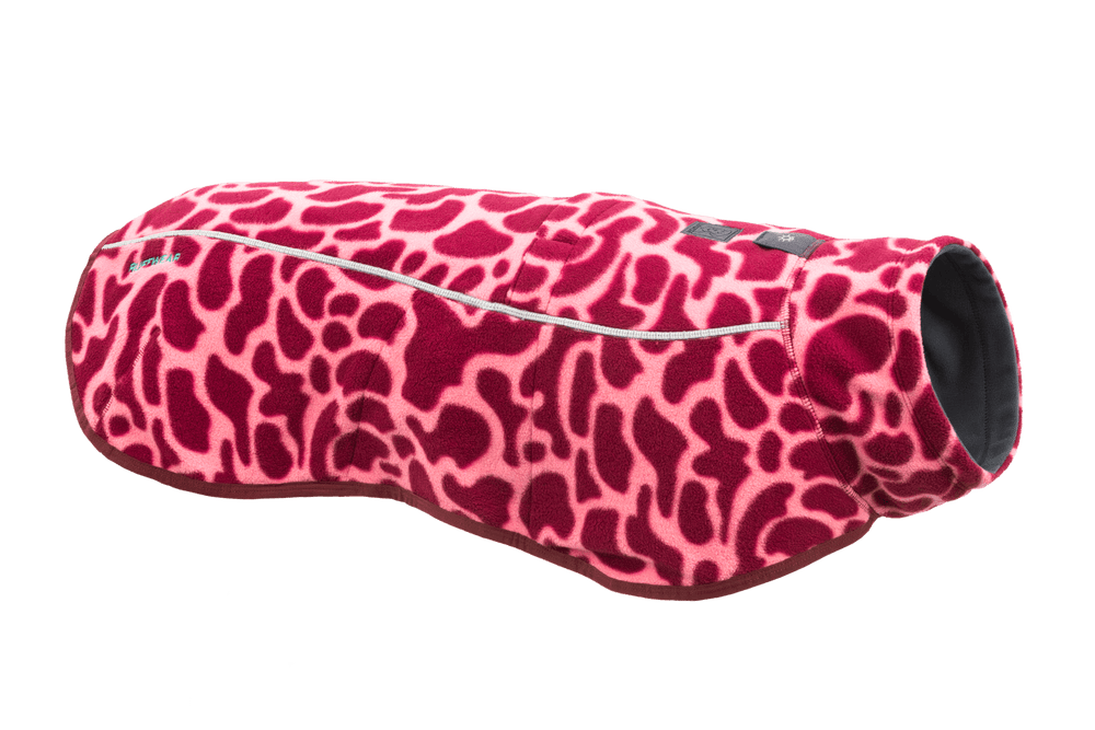 Pinke Fleeceweste für Hunde mit Giraffenmuster, hohem Kragen und Reißverschluss, ideal für kalte Tage.