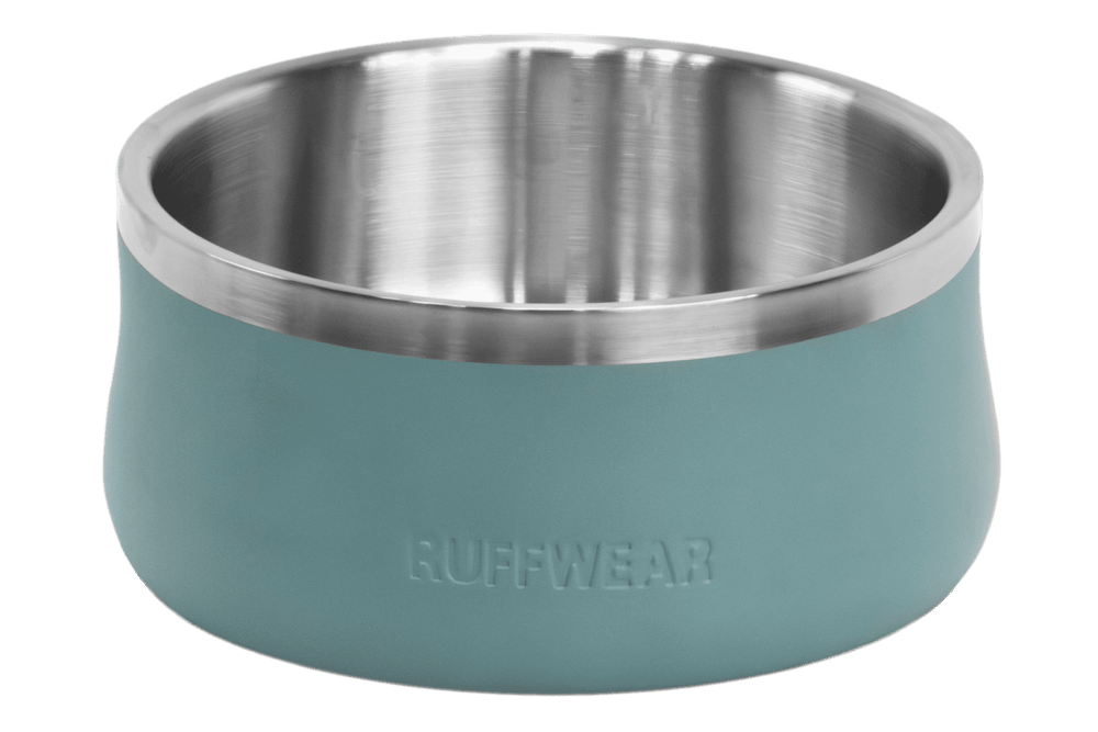 Futternapf von Ruffwear in Blau mit mattem Außendesign und glänzender Edelstahl-Innenschicht für Hunde.
