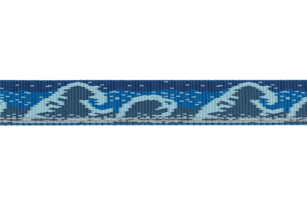 "Blau-graues, reflektierendes Hundehalsband mit Wellenmuster für Sicherheit und Stil bei Nacht."