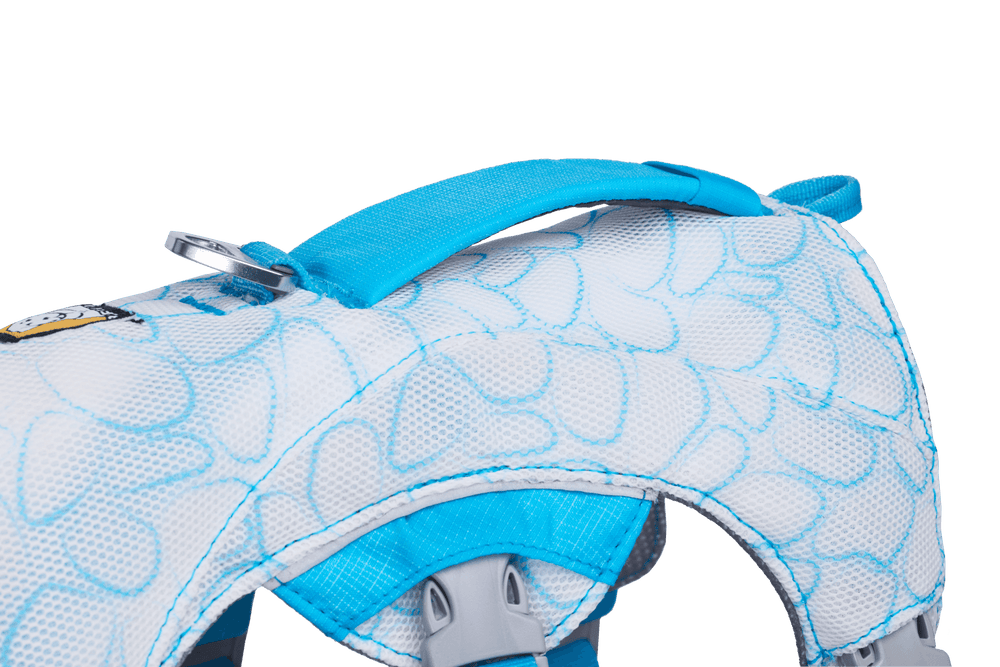Hundeharness in blau-weiß mit floralem Muster aus luftigem Material für kühle und bequeme Spaziergänge.