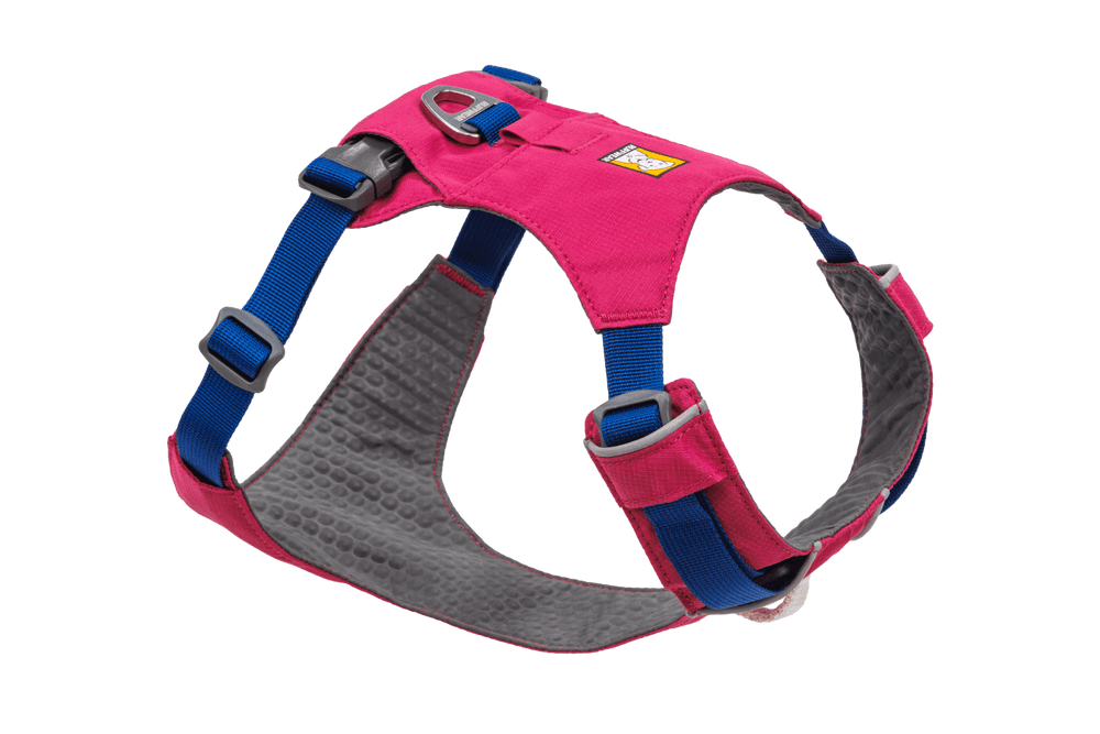 Pinkes Hi Light™ Hundegeschirr mit blauen Gurten und gepolsterter Innenseite für Komfort und verstellbare Riemen.