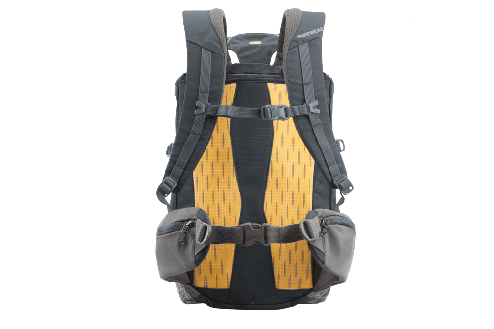Ergonomischer Hitch Hiker™ Hunde-Rucksack in Schwarz und Gelb mit gepolsterten Riemen und Seitentaschen für sicheren Transport.