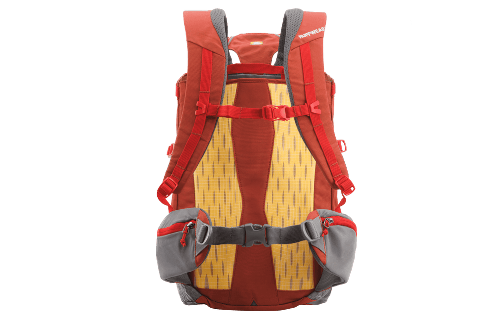 Roter Hitch Hiker™ Hunde-Rucksack mit grauen und gelben Akzenten, gepolsterten Schulterträgern und stabilen Hüftgurt.