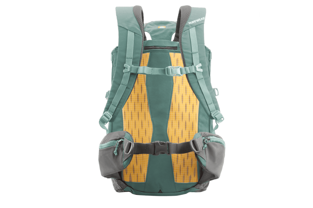 Ergonomischer Hitch Hiker™ Hunde-Rucksacktrage in Grün-Grau mit gepolsterten Riemen und praktischen Seitentaschen.