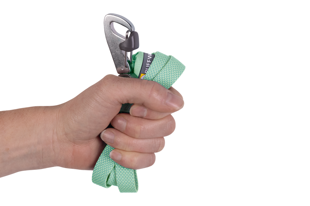 Hi Light™ leichte Hundeleine in grün kariert mit verchromtem Karabiner, gehalten von einer Hand vor schwarzem Hintergrund.