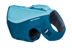 Aquafarbene Hundeschwimmweste von Ruffwear mit robustem Material, gepolstertem Innenbereich und praktischem Griff.