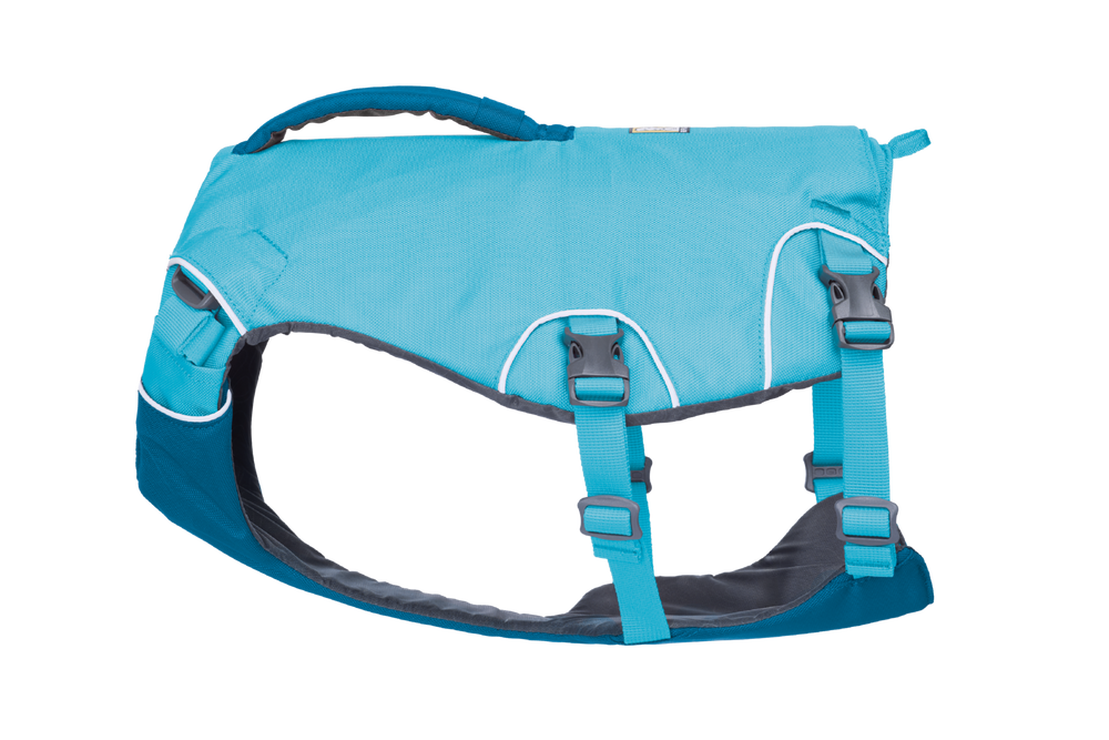 Blaue Confluence™ Schwimmweste für Hunde, ergonomisch geformt mit verstellbaren Riemen für optimalen Sitz und Sicherheit.