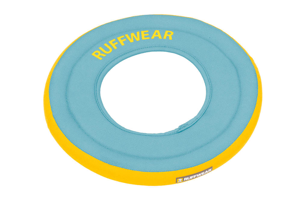 Runder Hydro Plane™ Frisbee von RUFFWEAR in Blau mit gelben Akzenten – ideales Wurfspielzeug für Hunde.