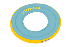 Runder Hydro Plane™ Frisbee von RUFFWEAR in Blau mit gelben Akzenten – ideales Wurfspielzeug für Hunde.