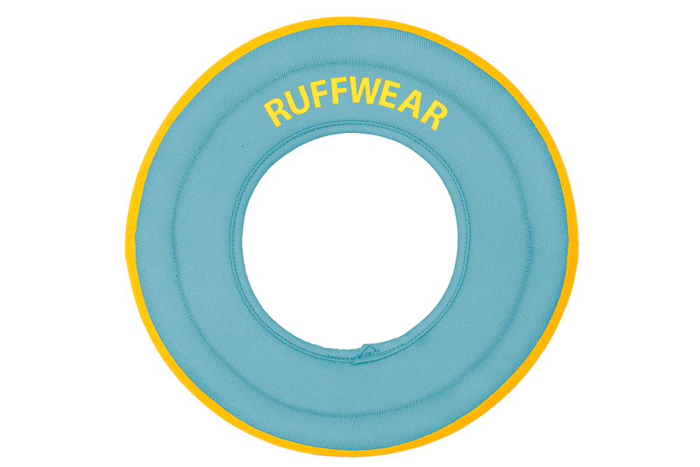 Blaues Hydro Plane™ Frisbee Wurfspielzeug mit gelbem Rand und "RUFFWEAR"-Schriftzug, strapazierfähig für Hunde.