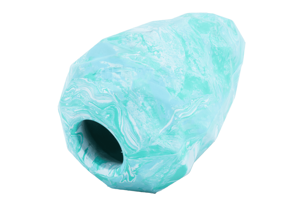 Dekorative Vase in organischer Form mit blau-grünem Marmormuster und ovaler, asymmetrischer Öffnung.