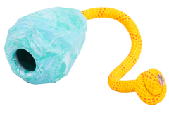 Buntes Huck-a-Cone™ Spielzeug für Haustiere mit blau-weißem Muster und geflochtenem gelbem Seil.