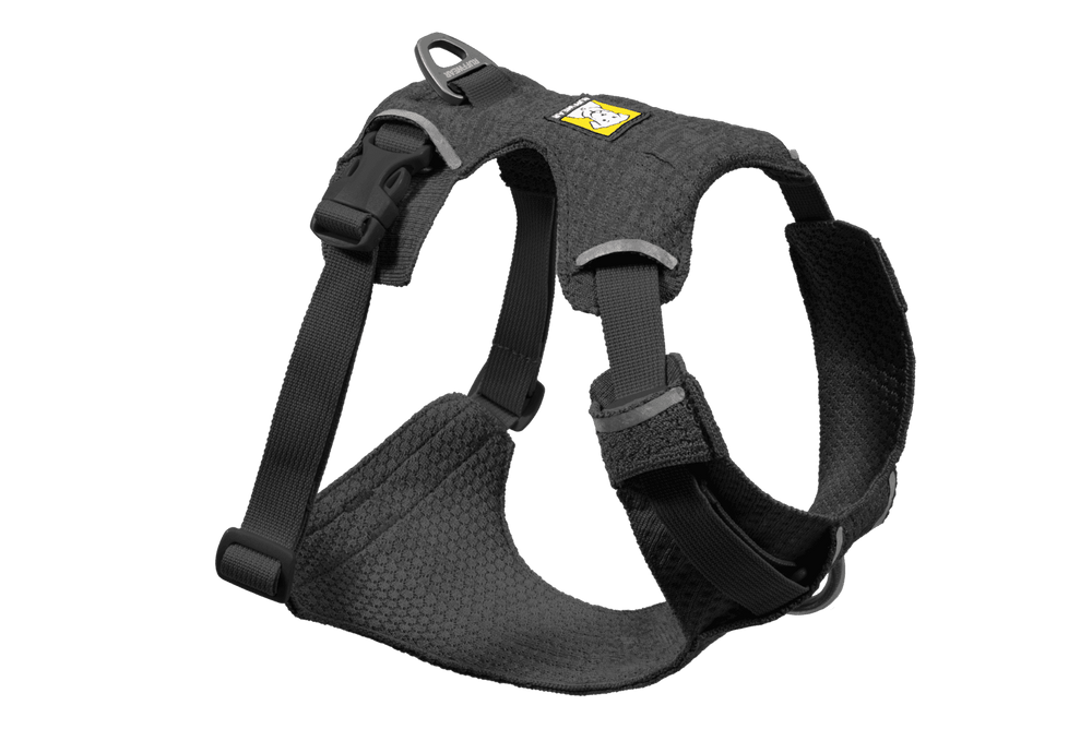 Schwarzes ergonomisches Hundegeschirr von Front Range® Flex mit verstellbaren Gurten und robustem, atmungsaktivem Material.