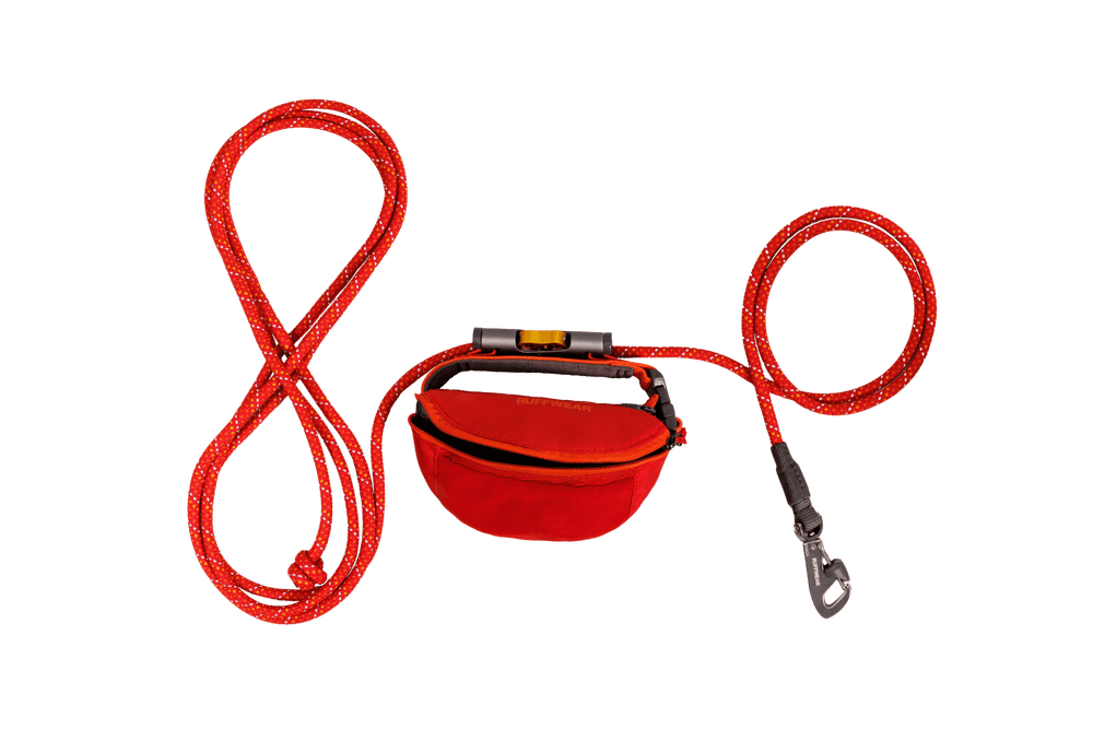Rote Hundeleine mit geflochtener Oberfläche und Metallschnapper, präsentiert mit passender Tasche.