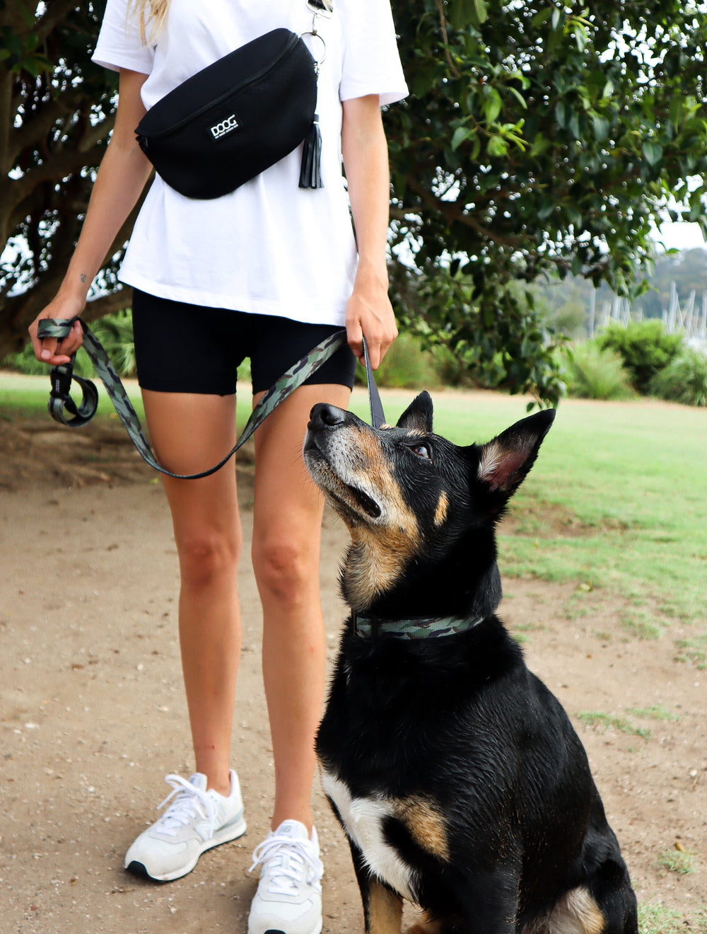 Freihändige Clip-It Hundeleine: Person mit Umhängetasche und Hund auf einer Leine, in weißem T-Shirt und Shorts.