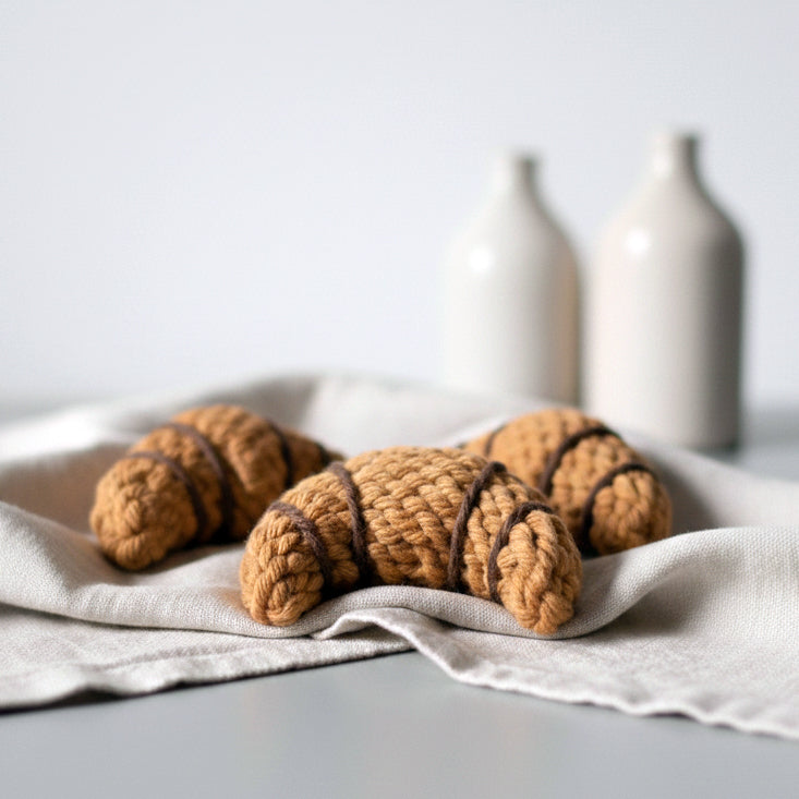 Handgemachte gehäkelte Croissants in Brauntönen auf hellem Tuch, dekoriert mit cremefarbenen Vasen im Hintergrund.