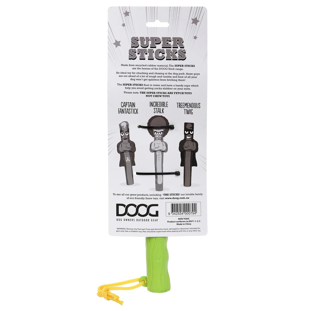 Hinterseite der DOOG Super Stick Verpackung mit Figuren: Captain Fantastic, Incredible Stalk und Tremendous Twig.
