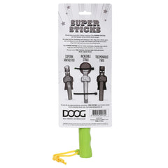 Hinterseite der DOOG Super Stick Verpackung mit Figuren: Captain Fantastic, Incredible Stalk und Tremendous Twig.