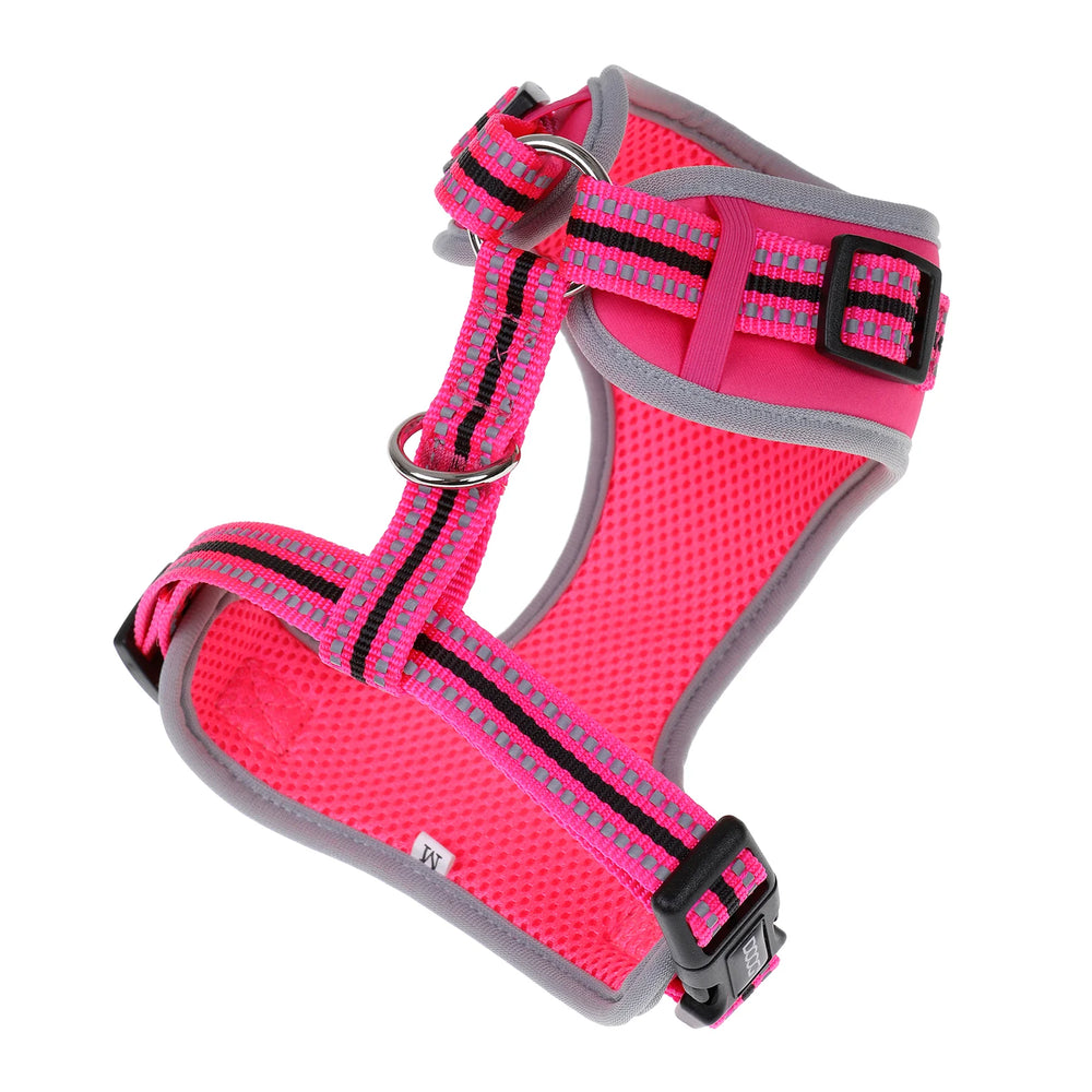 Pinkes Neoflex Hundegeschirr mit grauen und schwarzen Akzenten, atmungsaktiv und gepolstert, ideal für Spaziergänge.
