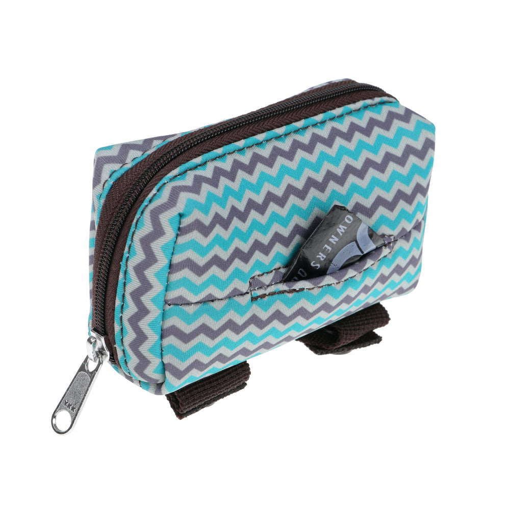 DOOG Kotbeutel-Tasche mit Zickzack-Muster in Grau, Türkis und Schwarz, ausgestattet mit Reißverschluss und Fronttasche.