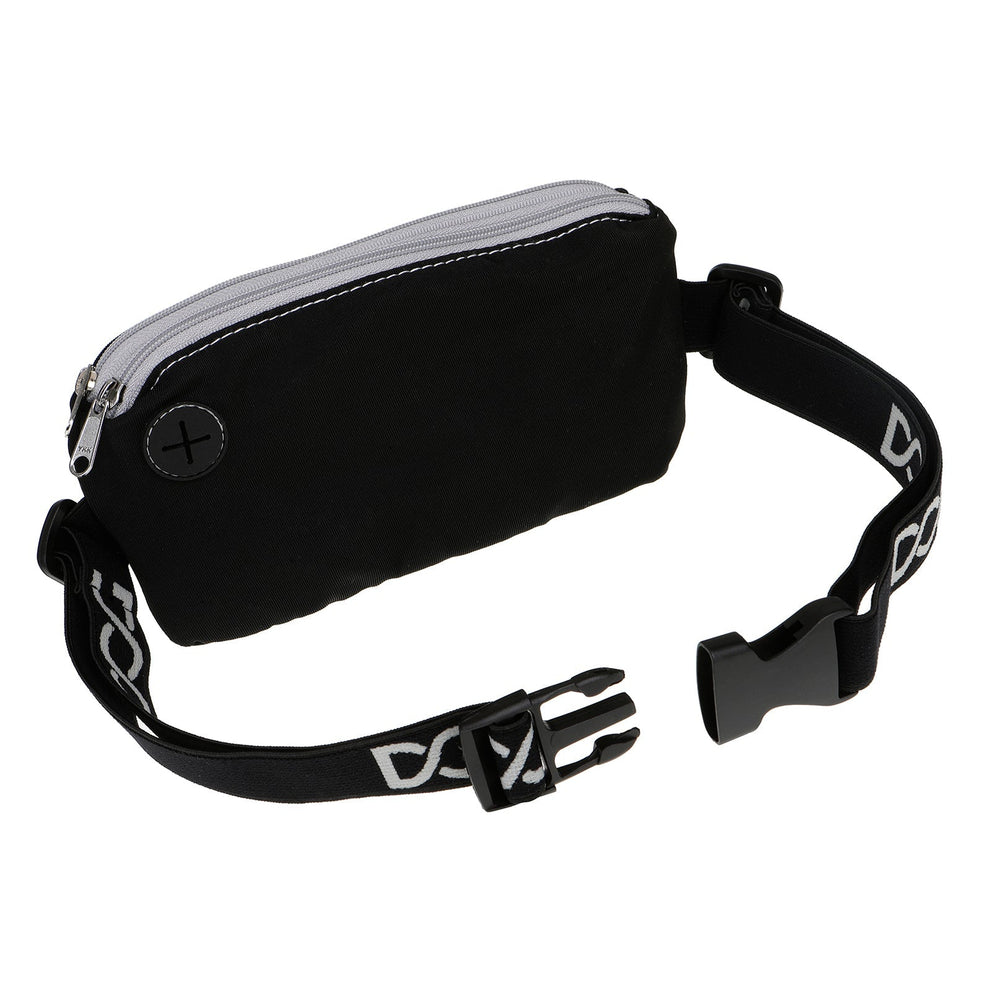 Schwarze DOOG Mini Gürteltasche mit grauem Reißverschluss und verstellbarem Gurt, sportlicher Look für unterwegs.