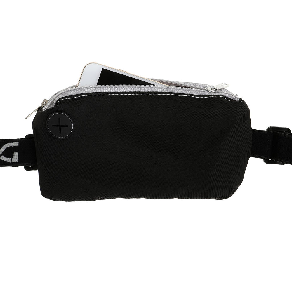 Schwarze DOOG Mini Gürteltasche mit Reißverschluss, verstellbarem Gürtel und reflektierendem Kreis, ideal für unterwegs.