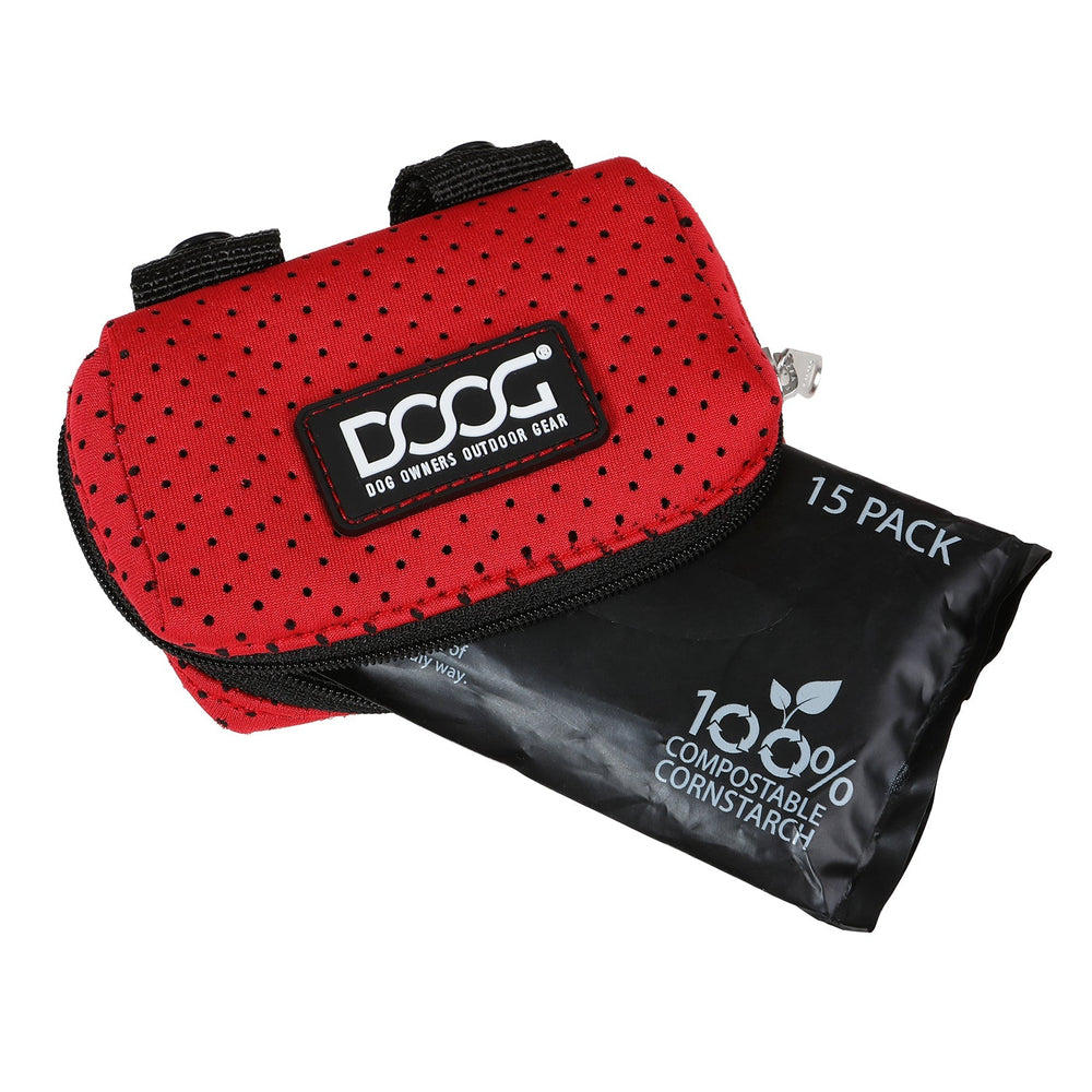 Rote Hundekotbeutelspender-Tasche mit gepunktetem Design und Reißverschluss, inklusive kompostierbarem Beutel.