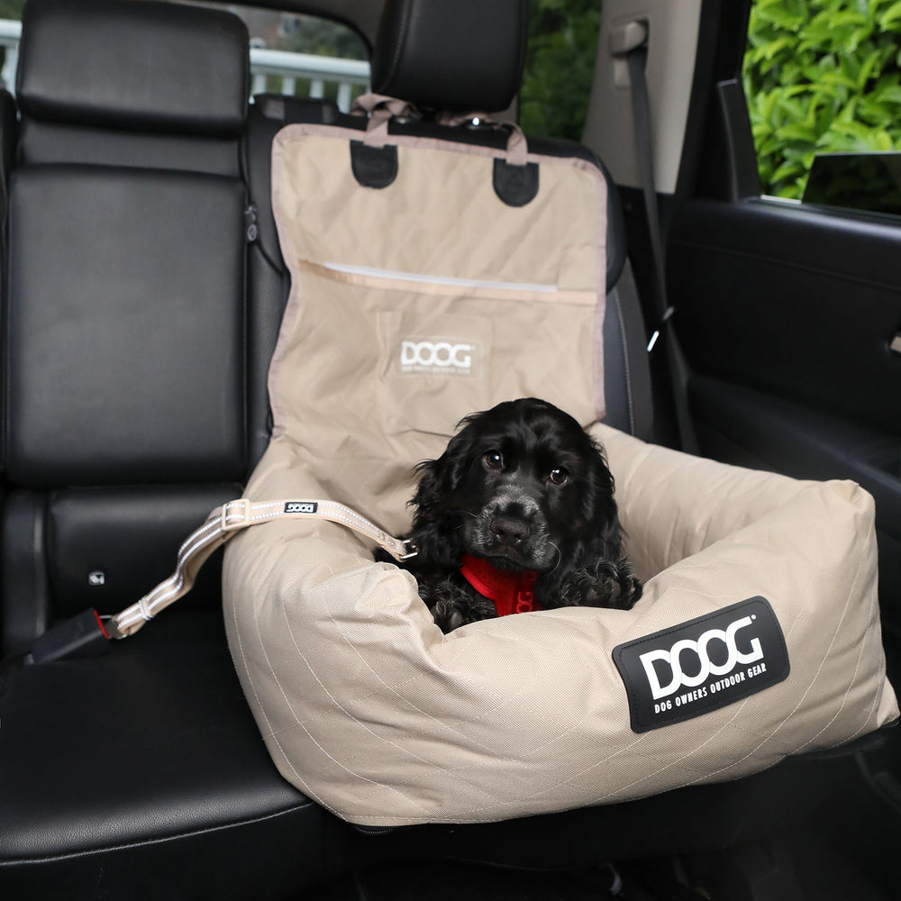 Hund sitzt sicher in einem beige Autositzschutz für Hunde, umgeben von den Rücksitzen eines Autos.