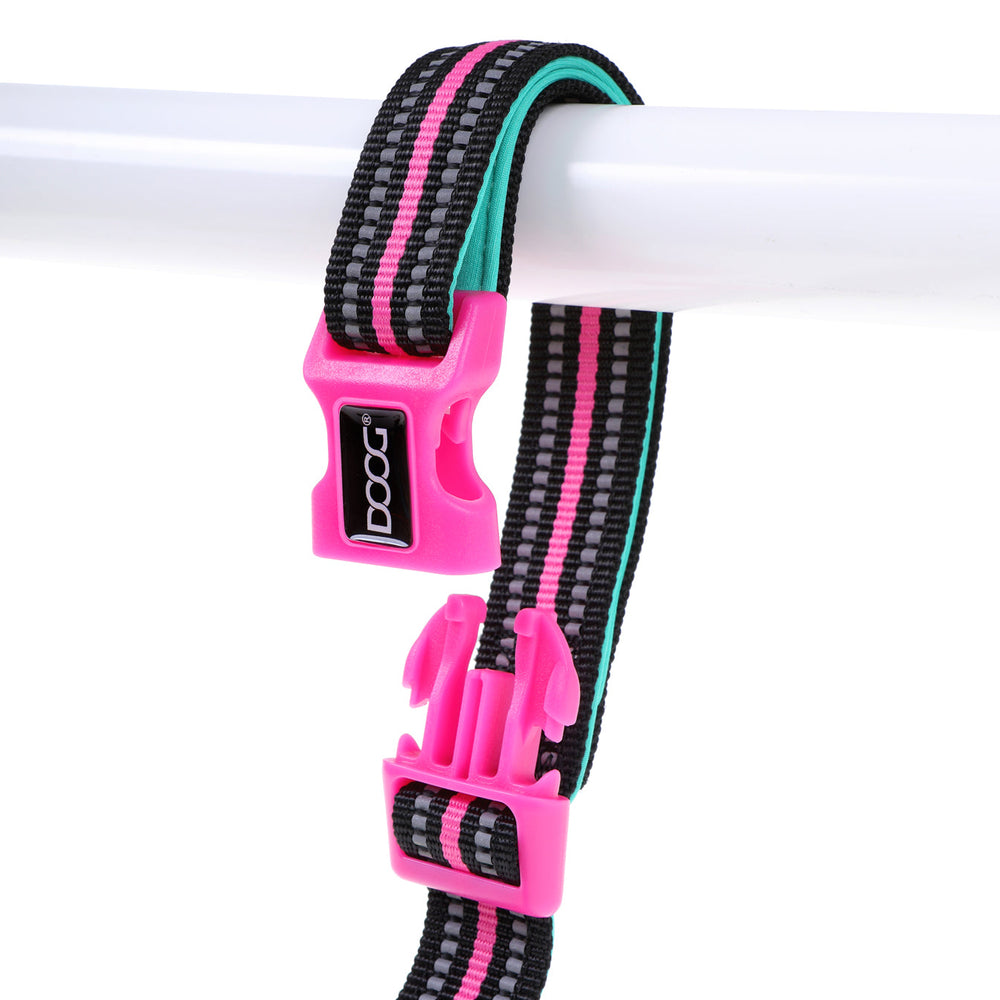 Bunte Clip-It Hundeleine in Schwarz, Pink und Türkis mit flexibler Schnalle, auf weißer Stange aufgehängt.