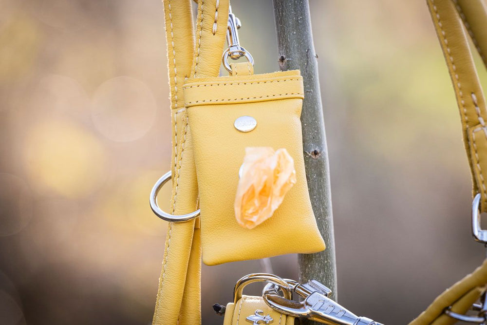 Gelbes Lederetui mit oranger Transparenzfolie, befestigt an einem Schlüsselband, in natürlichem Licht.