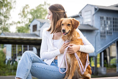 Junge Frau mit Hund in der Stadt, trägt eine Lederleine rundgenäht Sunrise. Freundlicher Golden Retriever vor urbanem Hintergrund.