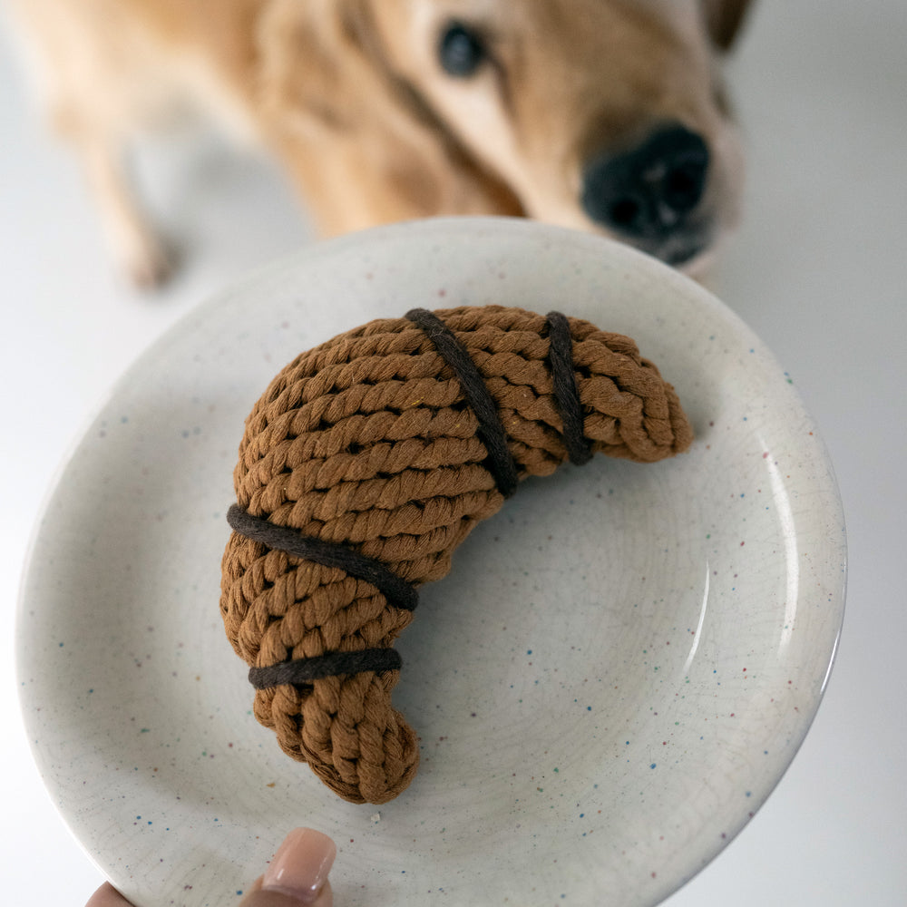 Handgefertigtes Hundespielzeug in Croissant-Form, geflochten und mit dunklen Schnüren umwickelt. Ideal für neugierige Hunde.