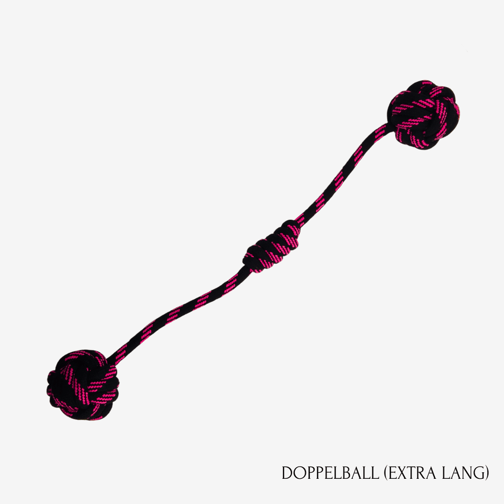 Hundespielzeug aus schwarz-pinker Schnur mit zwei Knoten, ideal für aktives Spielen und Kauen von Hunden.